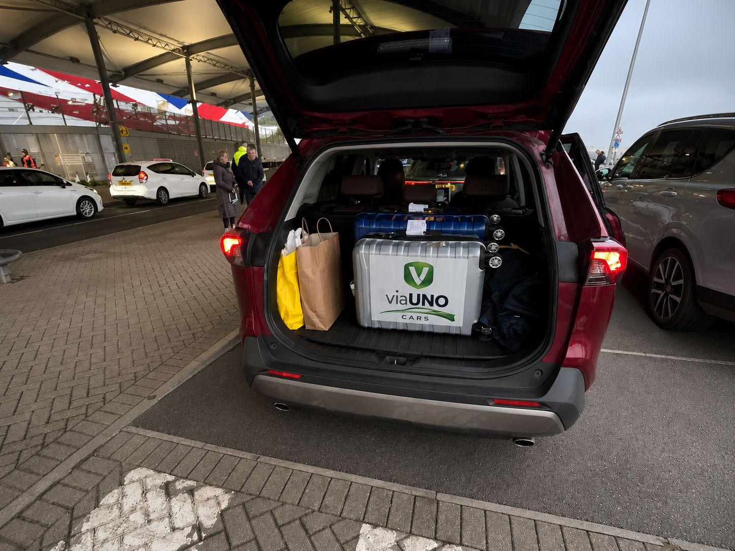 viaUNO Cars branded luggage in vehicle boot at Southampton cruise terminal — cruise embarkation transfer