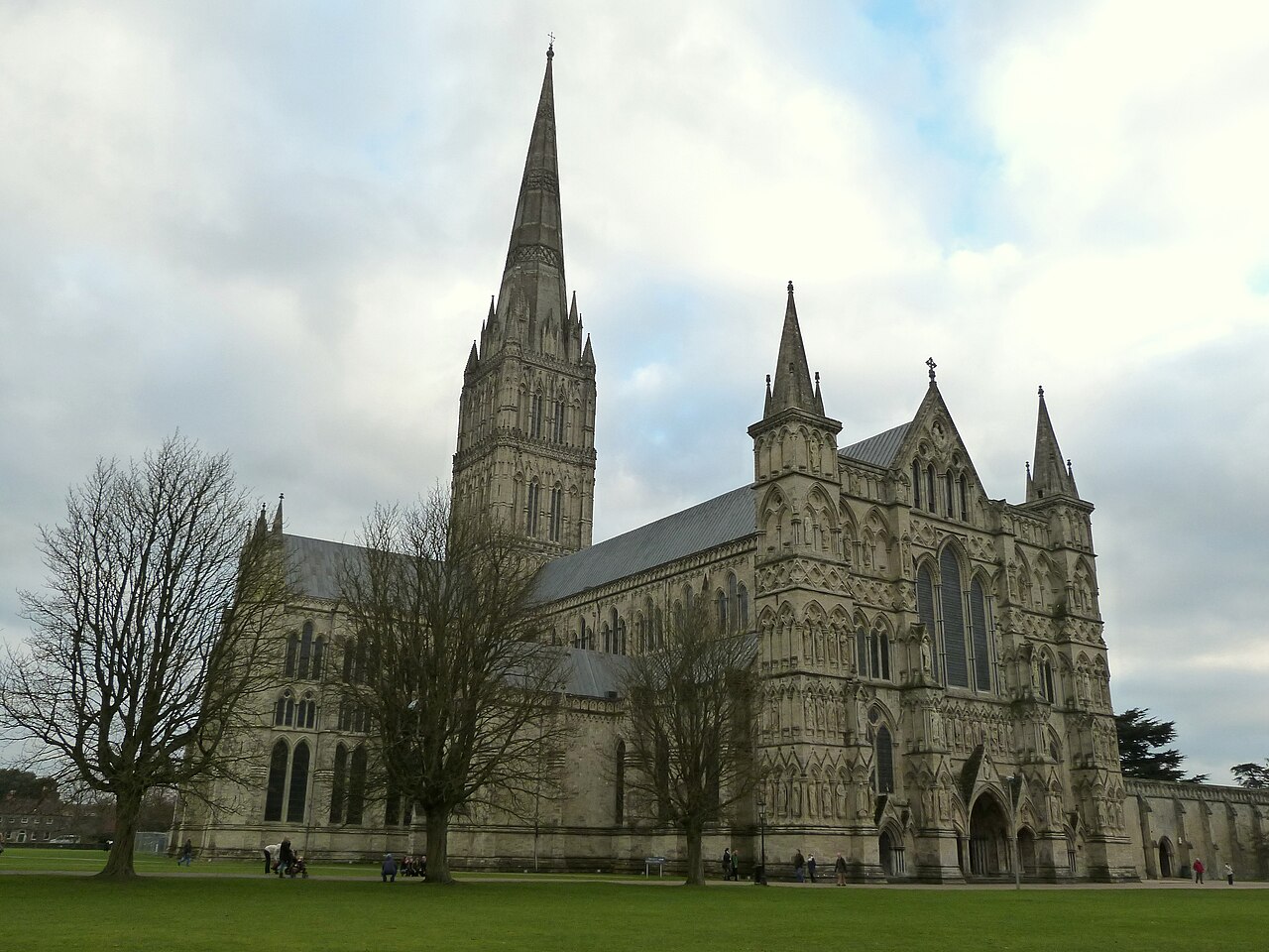 Salisbury Cathedral exterior with its 123-metre Gothic spire — the tallest in Britain