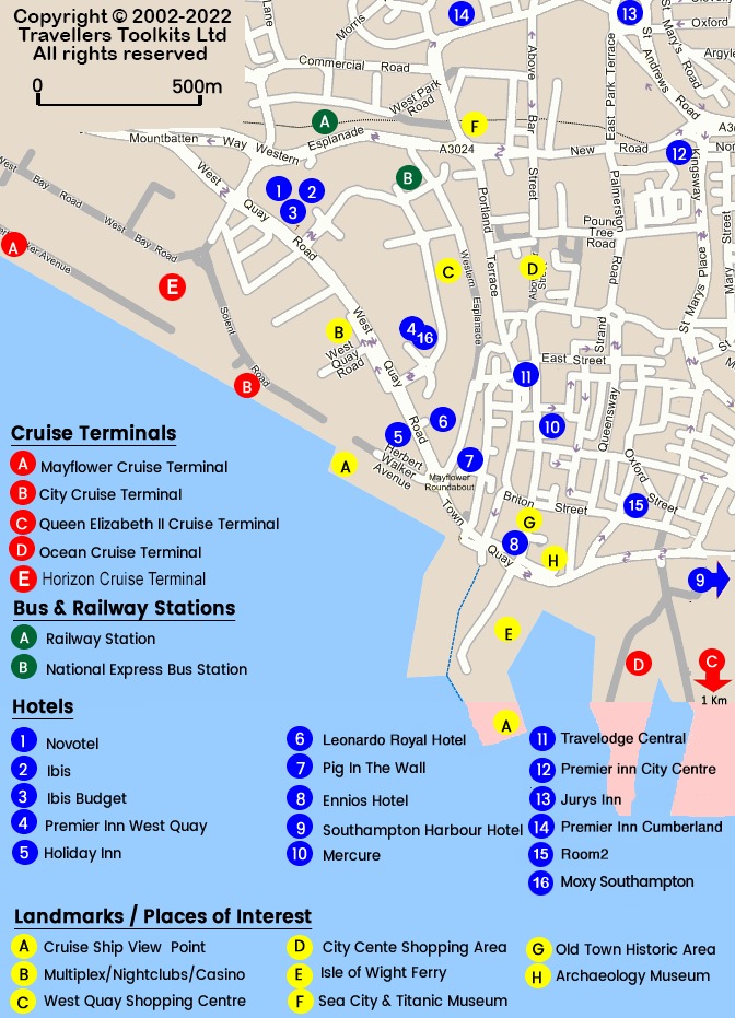 Map of Southampton cruise terminals (Mayflower, City, Queen Elizabeth II, Ocean, Horizon) with nearby hotels, railway and bus stations